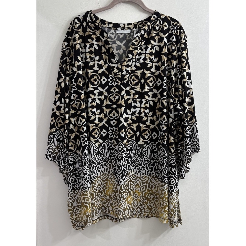 Susan Graver Liquid Knit Tunic Top Black Gold Damask Print V-Neck Womens 3XP - Picture 2 of 10